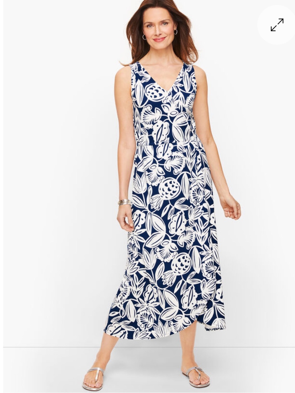 Talbots Faux Wrap Sleeveless Navy & White Floral V-Neck‎ Maxi Dress